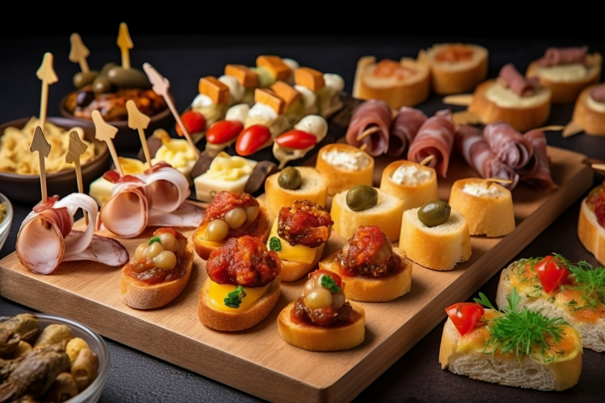 Typical snack of Basque Country, pinchos or pinxtos skewers with small pieces of bread,